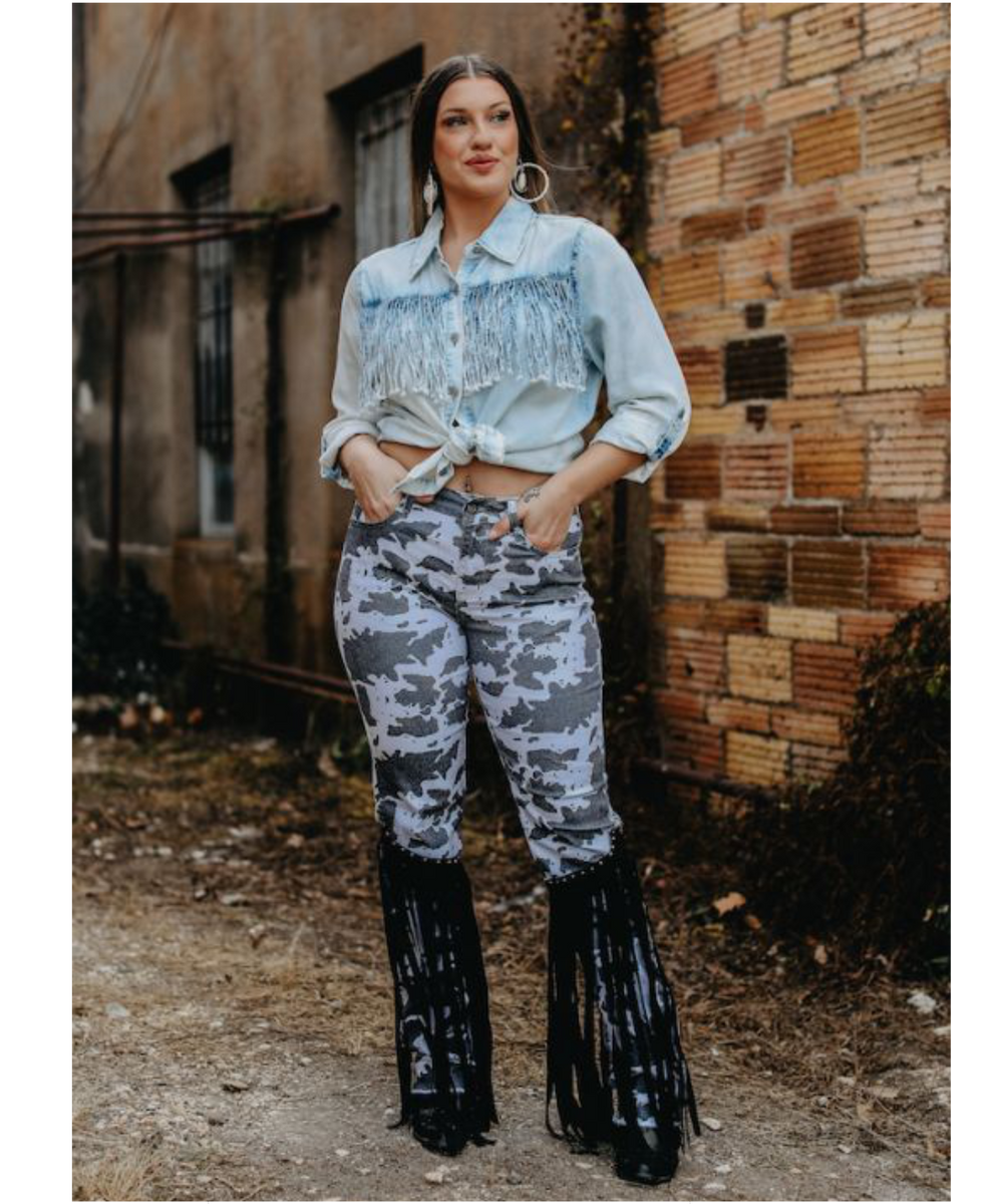 Cow Print Denim with Studded Fringe Pants – 1060 Designs and