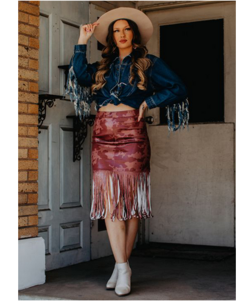 Deep Red Cow Print Faux Leather Fringe Skirt