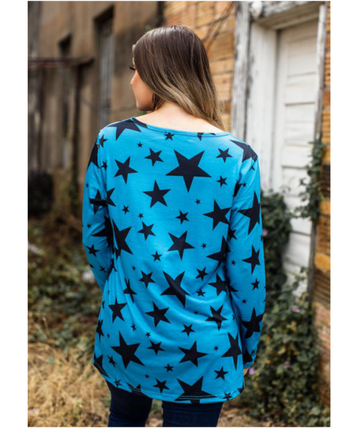 Blue Stars Caged Neck Tunic Top
