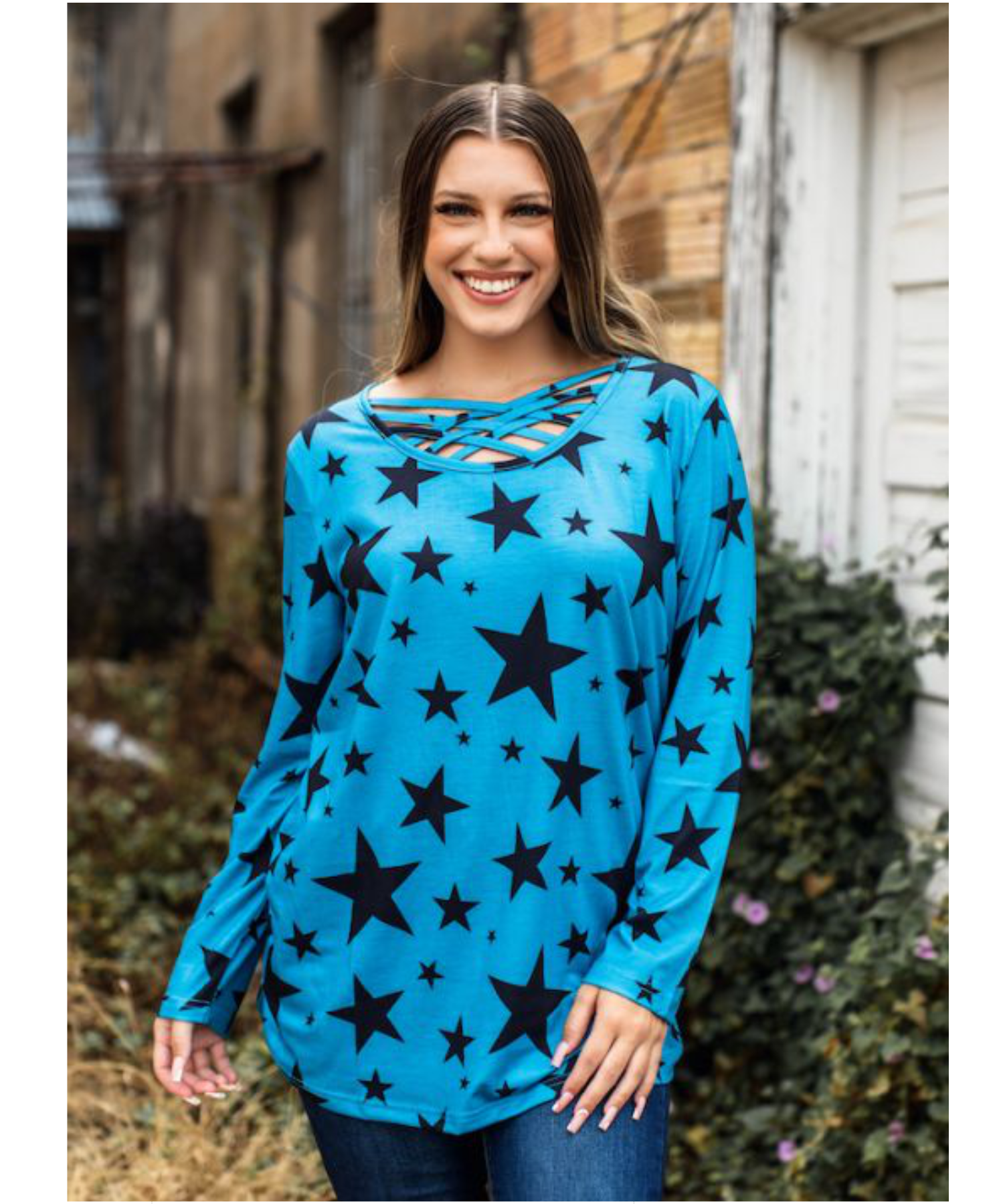Blue Stars Caged Neck Tunic Top