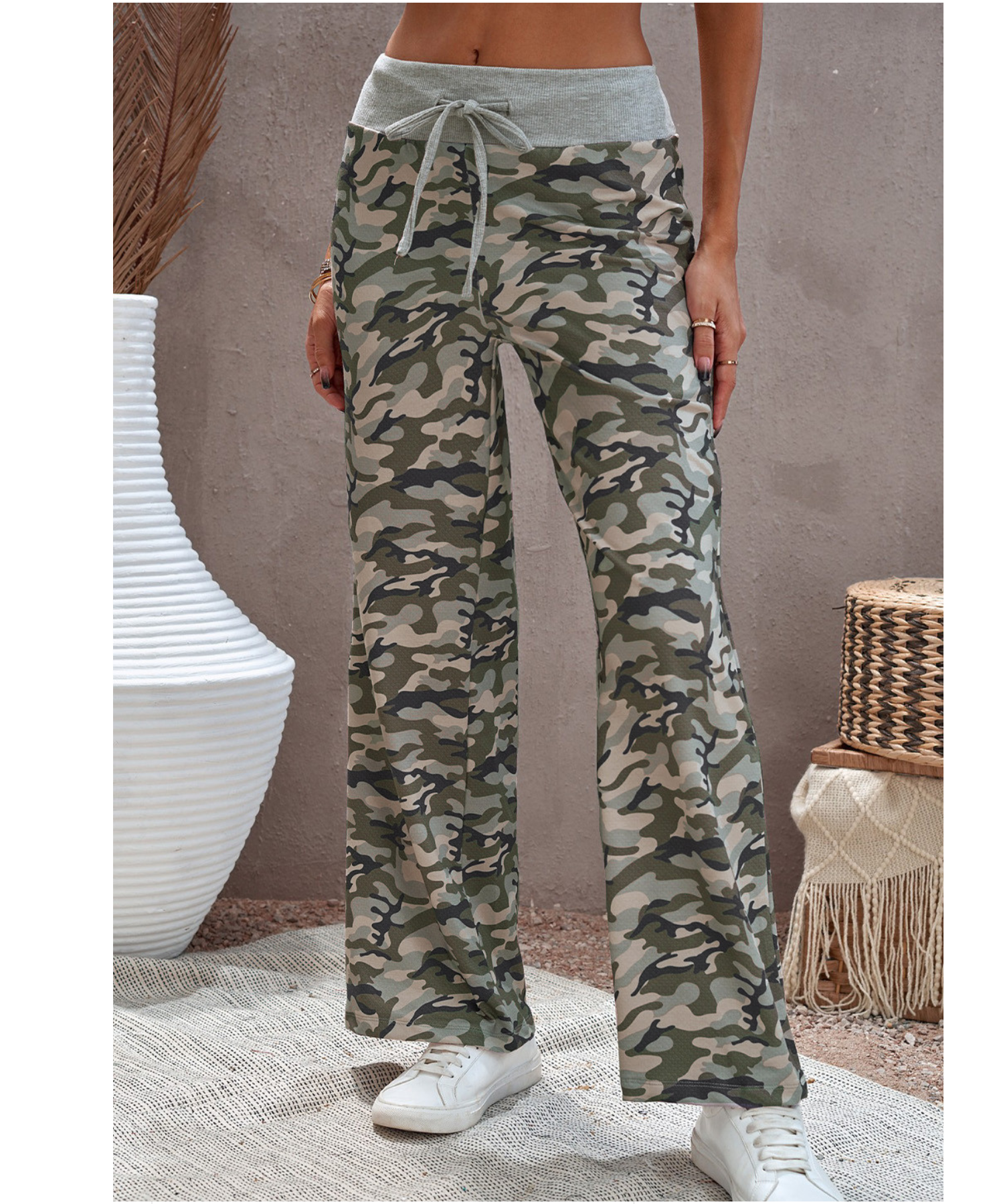 Camouflage Print Drawstring Waist Wide Leg Pants