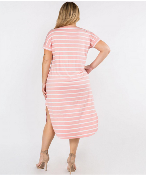 Pink Striped Curved Hem Midi Dress with Pockets