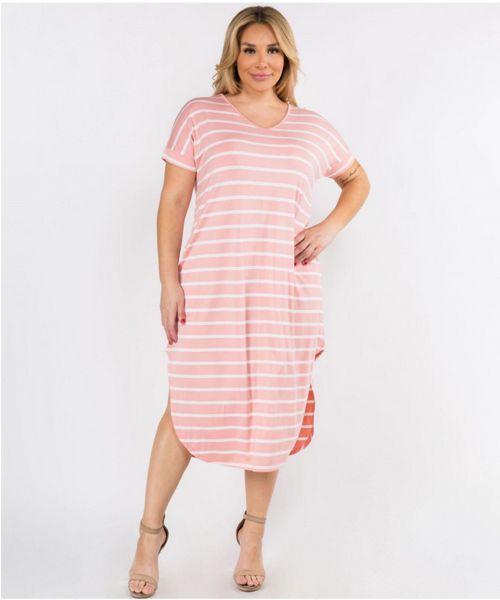 Pink Striped Curved Hem Midi Dress with Pockets