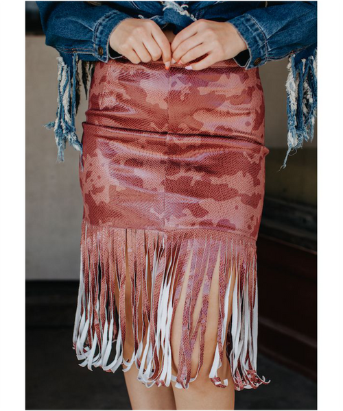 Deep Red Cow Print Faux Leather Fringe Skirt